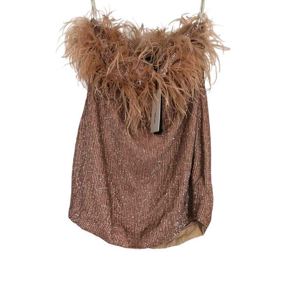 Retrofete Torin Feather Dress Sequin Off The Shoulder Mini Dusty Peach NWT XL - Picture 6 of 9
